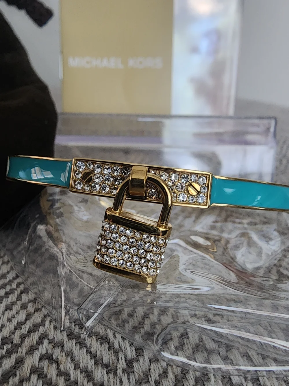Michael Kors Gold-Tone Turquoise Enamel Padlock Hinged Bangle Bracelet W/dustbag